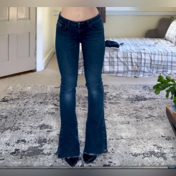 Zara Denim - Zara Basic Denim Blue Flare Frayed Wide Leg Jeans Business Casual Cute NWOT